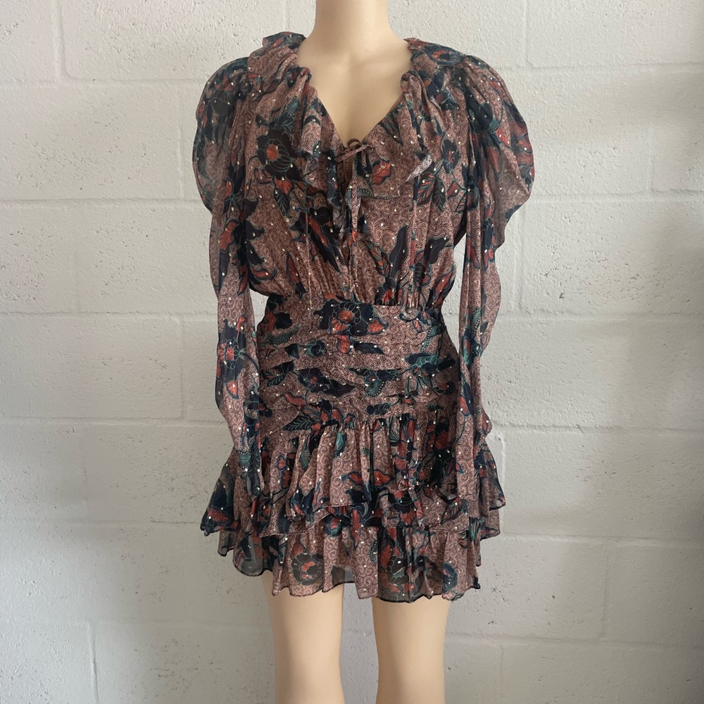 Ulla Johnson Brown and Pink Ruffled Mini Dress